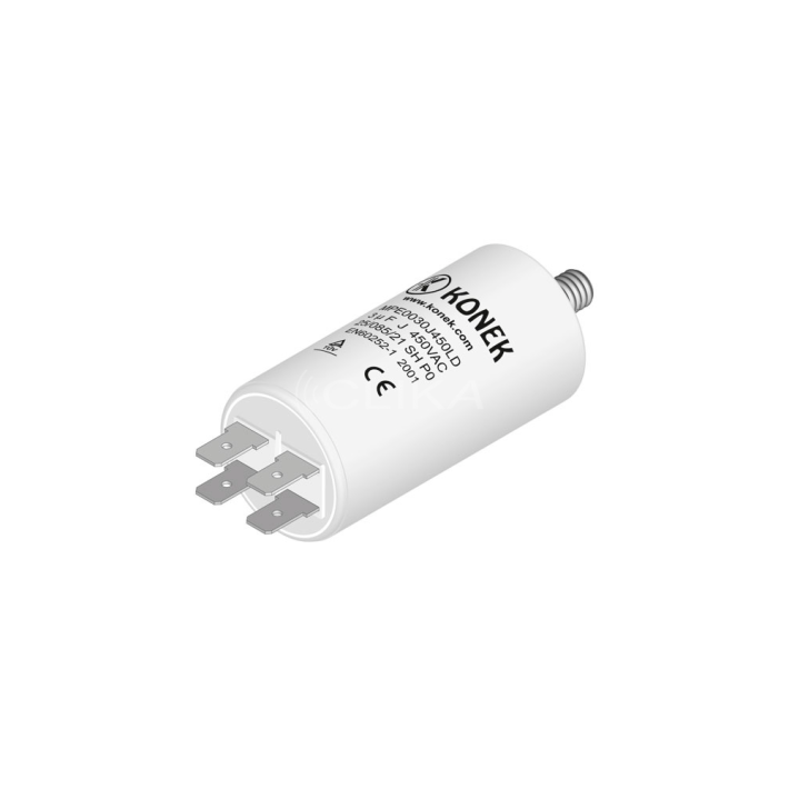Condensador de Arranque Mka 3mf 5% 450v Ø3,4x7cm com Rosca M8 e Faston Simple 6,35 Konek